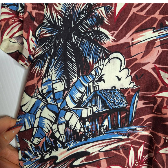 Ho Aloha Mens Hawaiian Shirt Rayon Large Surfboard House Palm Tree Burgundy Blue - Picture 4 of 5